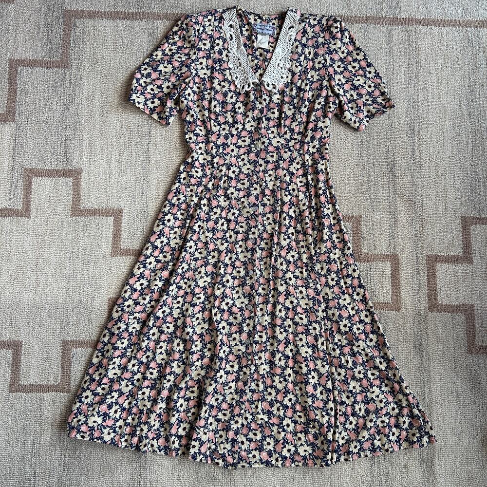 Vintage Floral Button Front Midi Dress Lace Collar Prairie Romantic Womens M - Picture 3 of 12